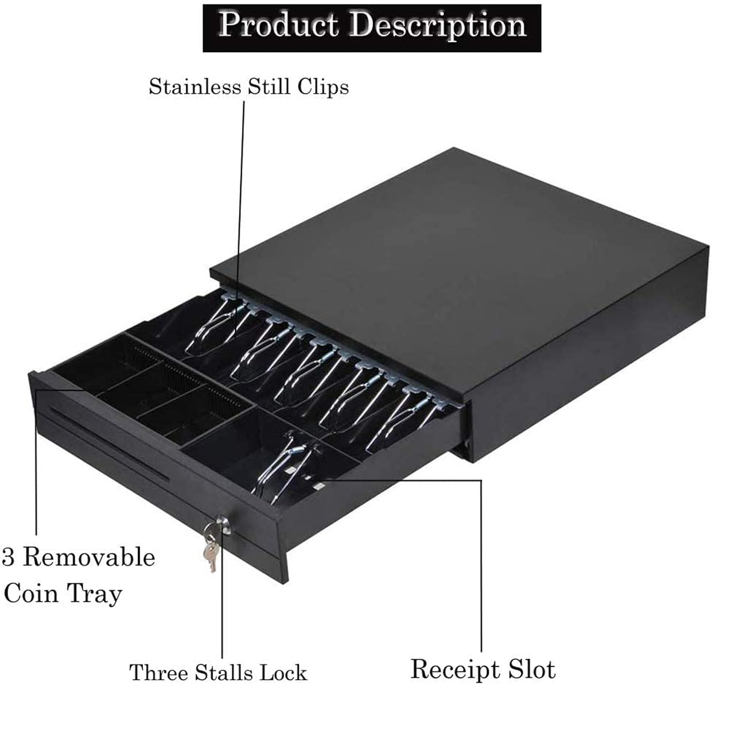 Cash Box Metal Cash Register Drawer 3 Coin Money Storage Box Tray With Removable Coin Tray & Key - Lock Cash Drawer For Shop, Colour - Black, Material - Metal