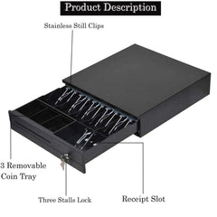 Cash Box Metal Cash Register Drawer 3 Coin Money Storage Box Tray With Removable Coin Tray & Key - Lock Cash Drawer For Shop, Colour - Black, Material - Metal