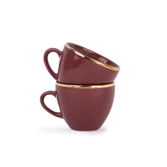 Real Gold Line Ceramic Tea Cups Set Of 6 - Burgundy Gold Line, 200ml Each | Tea Cup Set Of 6 - Premium Ceramic Tea Set With Glossy Finish | Ceramic Tea Cup