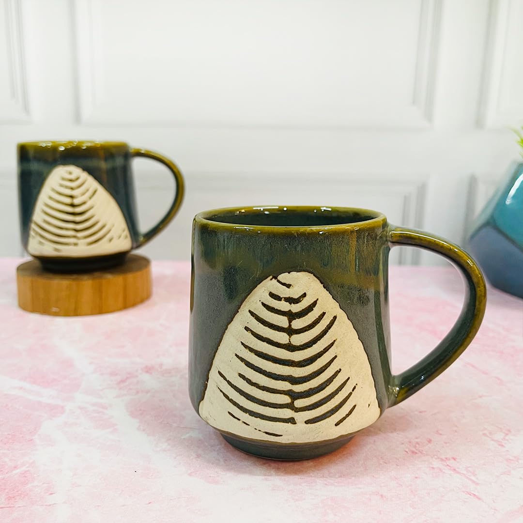 Forest Green Leaf Embossed Ceramic Coffee Mug Set Of 2 Pieces - 330ml Each | Ceramic Mugs For Coffee, Tea, Milk - Microwave Safe & Leak Proof