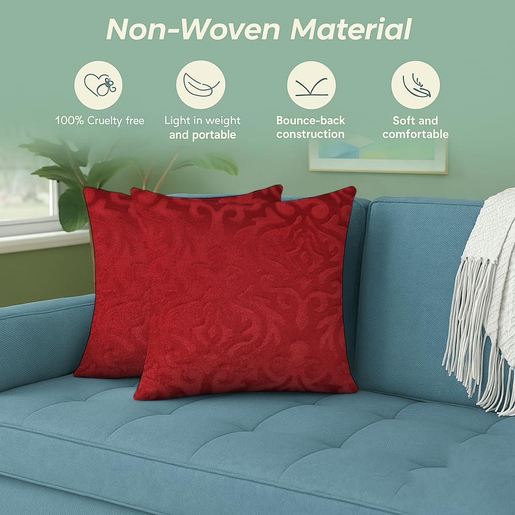 Microfiber Square Pillow Cushion For Sofa & Bed, Maroon - 24 X 24 Inch | Soft, Fluffy For Comfort & Back Support | Breathable, Washable | Premium Velvet Outer Cover With Zip - Set Of 2
