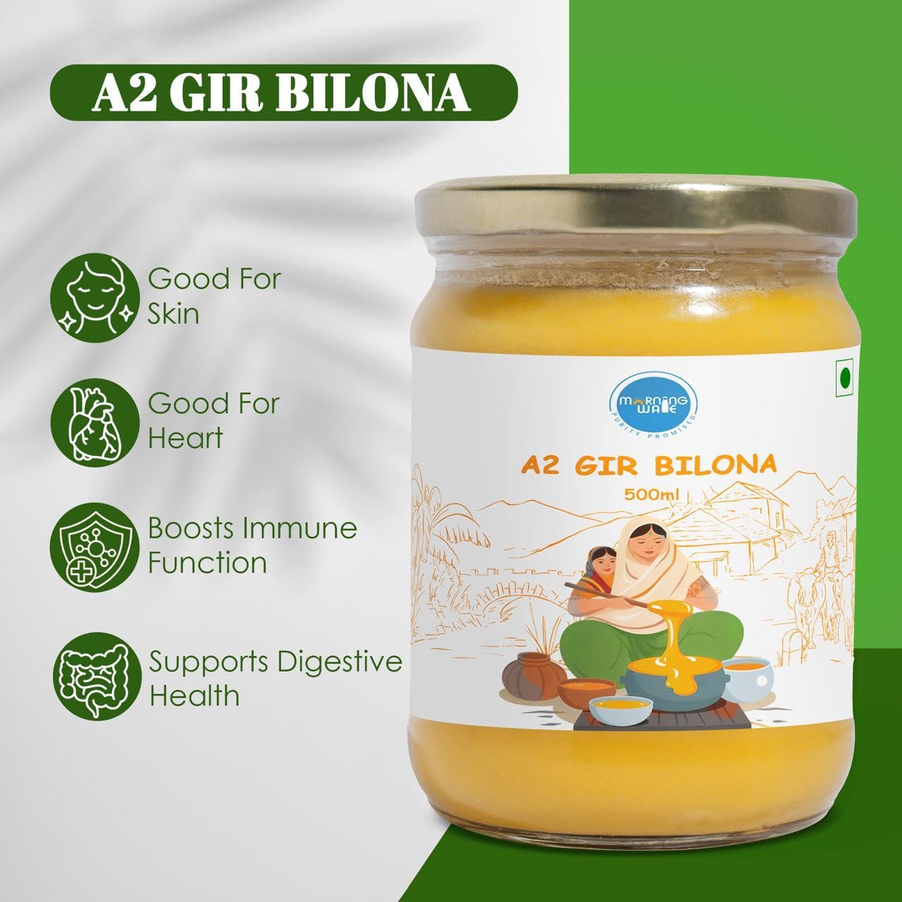 Premium A2 Gir Cow Bilona Ghee By Morning Wale | Vedic Bilona Traditional Curd Churned Desi Cow Ghee Perfect For Boost Immunity | (500ml) 16.9 Ounce | Jar Pack