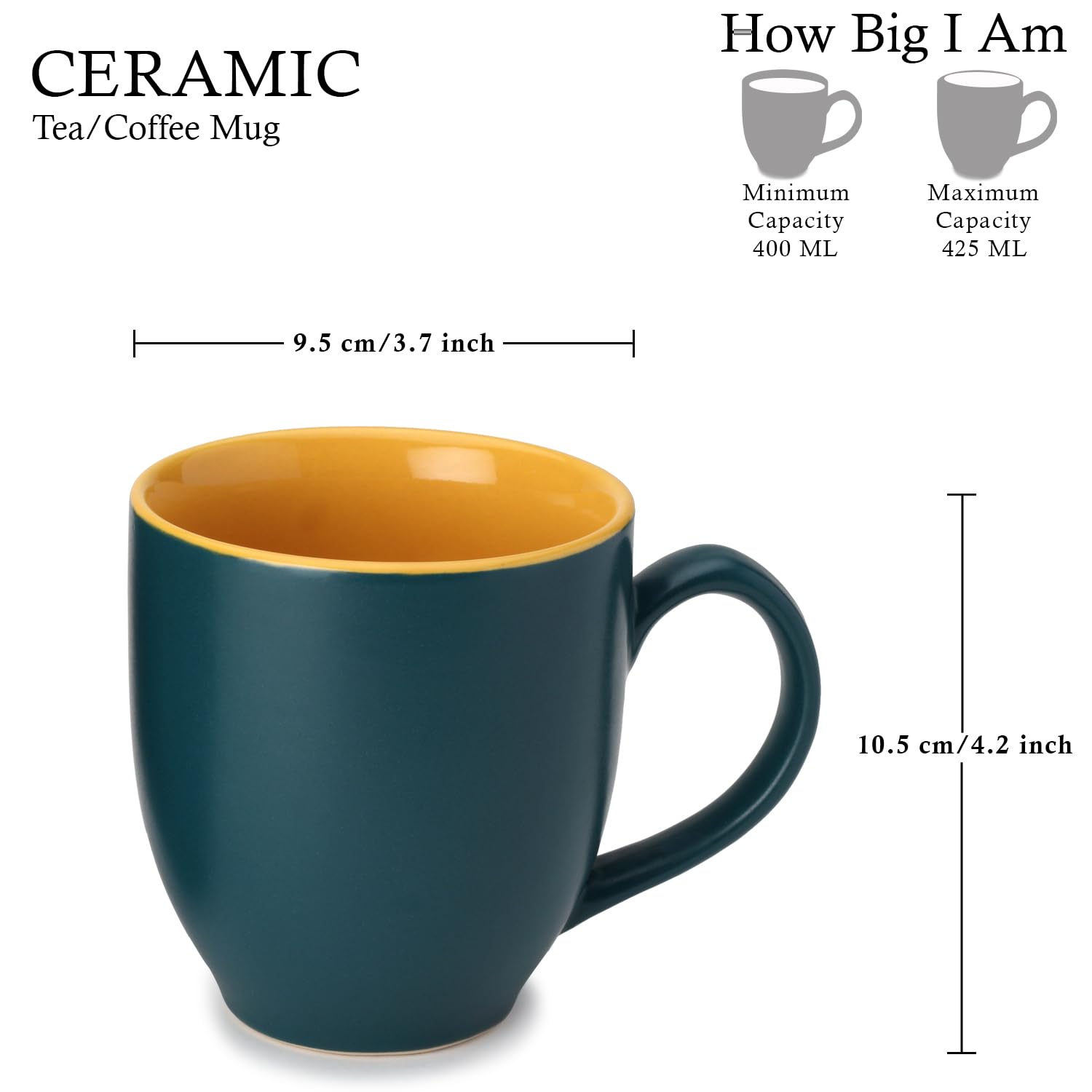 Ceramic Tea & Coffee Mug Set Of 1 - Large, 400ml, Teal | Ideal For Latte, Cappuccino, Green Tea, Hot Chocolate & Milk - Matte & Glossy Finish