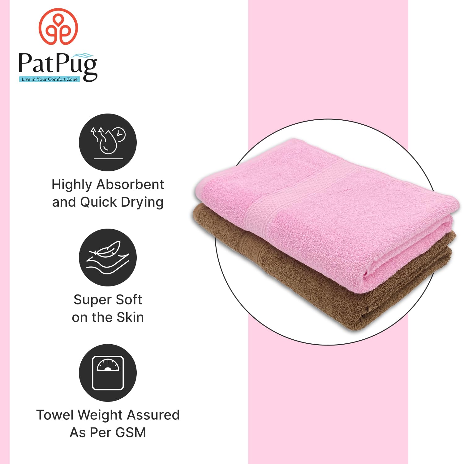 Patpug 100% Indian Ultra Soft Cotton Bath Towel 900 Gsm | Highly Absorbent Quick Drying Towel (Coffee Brown & Baby Pink) - Pack Of 2