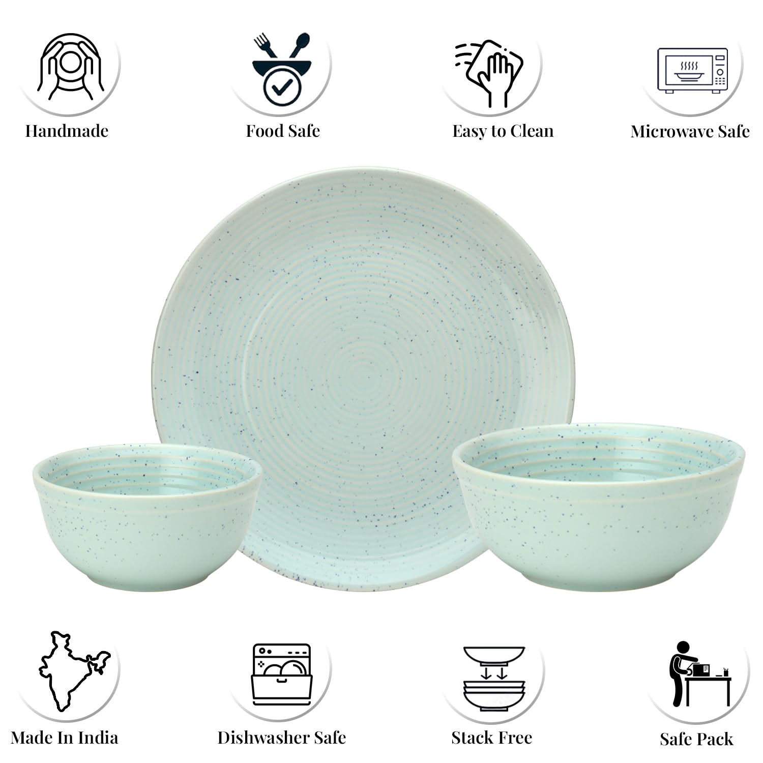 Handcrafted Ceramic Stoneware Dinner Set Of 10 Pcs With Serving Bowl Set - Mint Green | 4 Dinner Plates, 10.6 Inch Each + 4 Salad Bowl, 180ml Each+ 2 Serving Bowl, 1000ml Each