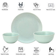 Handcrafted Ceramic Stoneware Dinner Set Of 20 Pcs With Serving Bowl Set - Mint Green | 6 Dinner Plates, 10.6 Inch Each + 12 Salad Bowl, 180ml Each+ 2 Serving Bowl, 1000ml Each | Serving For 6