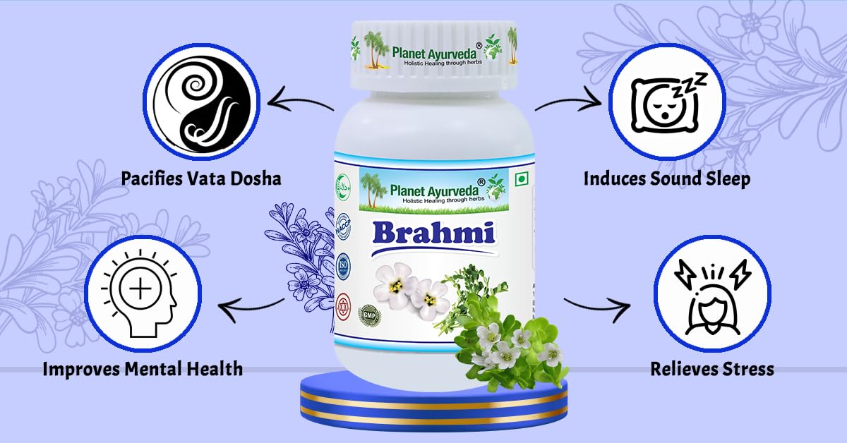 Planet Ayurveda Brahmi Capsules, A Natural Herbs To Calms & Relaxes Mind, Help Support Healthy Mind | 60 Capsules, 100gm 0.2lbs