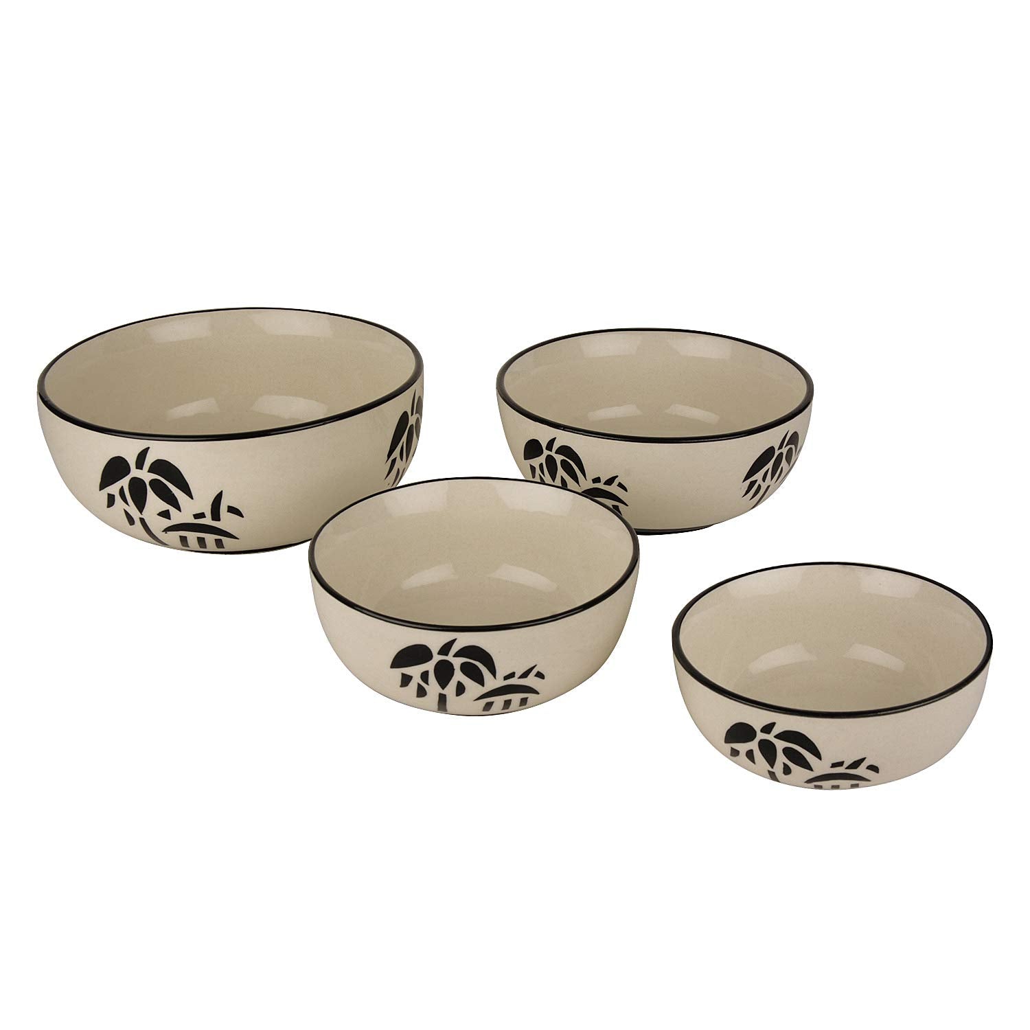 Studio Pottery Hand Painted Dinner Serving Bowl Set Of 4 - 1200ml, 650ml, 450ml & 250ml, Off White & Black | Dinner Serving Donga Set - Stackable Kitchen Bowl Set