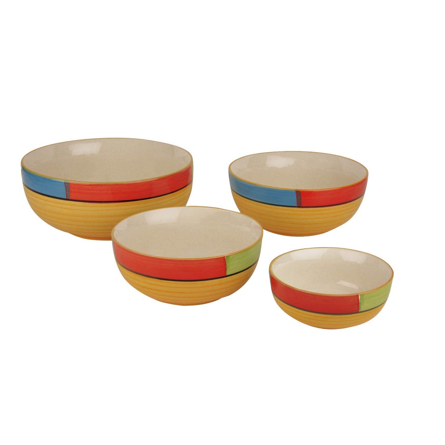 Studio Pottery Hand Painted Dinner Serving Bowl Set Of 4 - 1200ml+650ml+450ml+250ml, Orange, Green & Yellow | Dinner Serving Donga Set - Stackable Kitchen Bowl Set