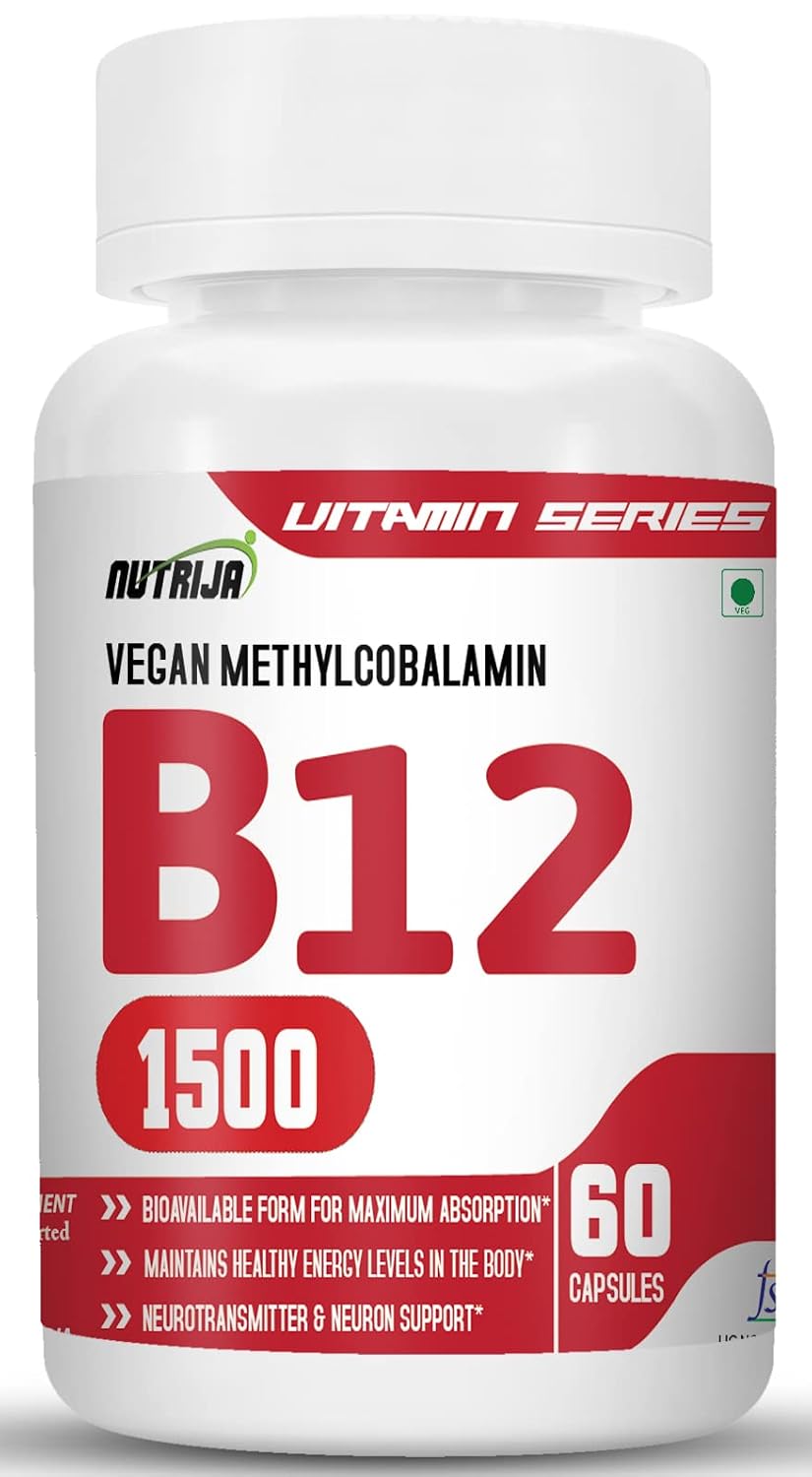 Nutrija Vitamin B12 Active Form Of Methylcobalamin | Maximum Absorption, Normal Energy Production & Immune System Support | 60 Capsules , 100gm 0.2lbs