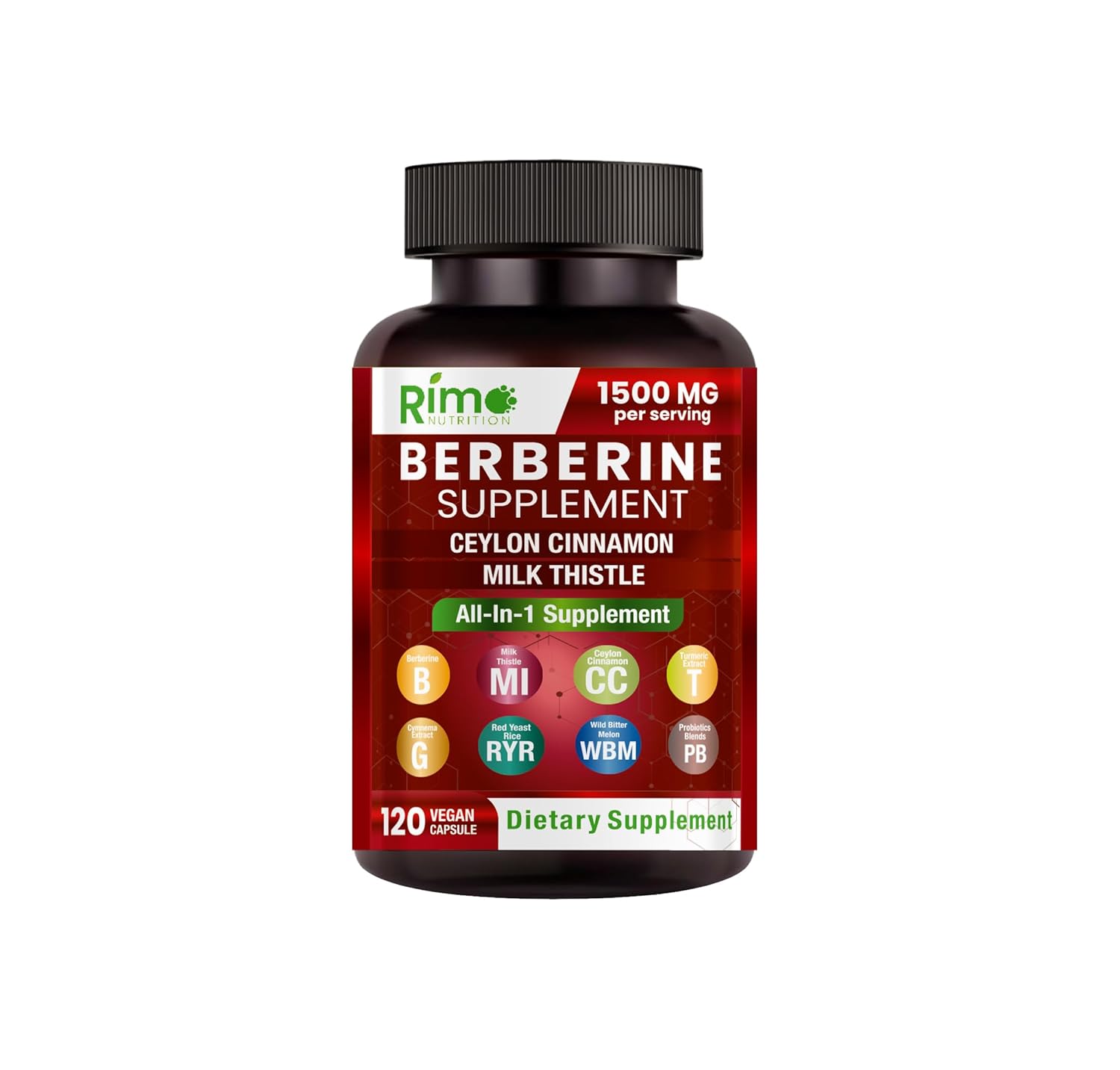 Rimo Nutrition Balances Sugar Levels & Supports Glucose Metabolism With Berberine Supplement With Ceylon Cinnamon, Milk Thistle 1500mg | 120 Capsules 200gm 0.4lbs