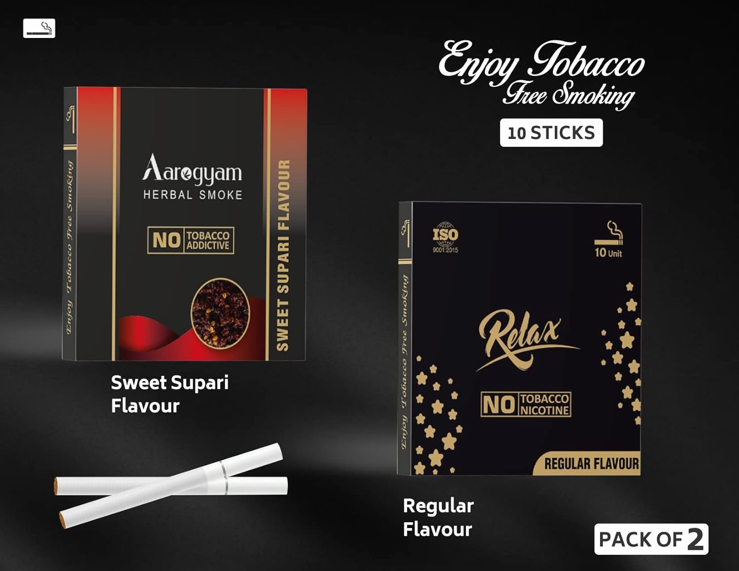 Aarogyam Herbals Pack Of 2 Flavours 100% Tobacco & Nicotine Free Cigarette For Relieve Stress & Mood Enhance Product Relax Regular, Sweet Supari - 10 Sticks X 2 Packets