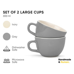 Large Ceramic Coffee Cup Set Of 2 - Grey, 300ml Each | Cappuccino Cup With Glossy Finish - Large Ceramic Coffee Cup | Premium Stoneware Coffee Cup - Microwave Safe