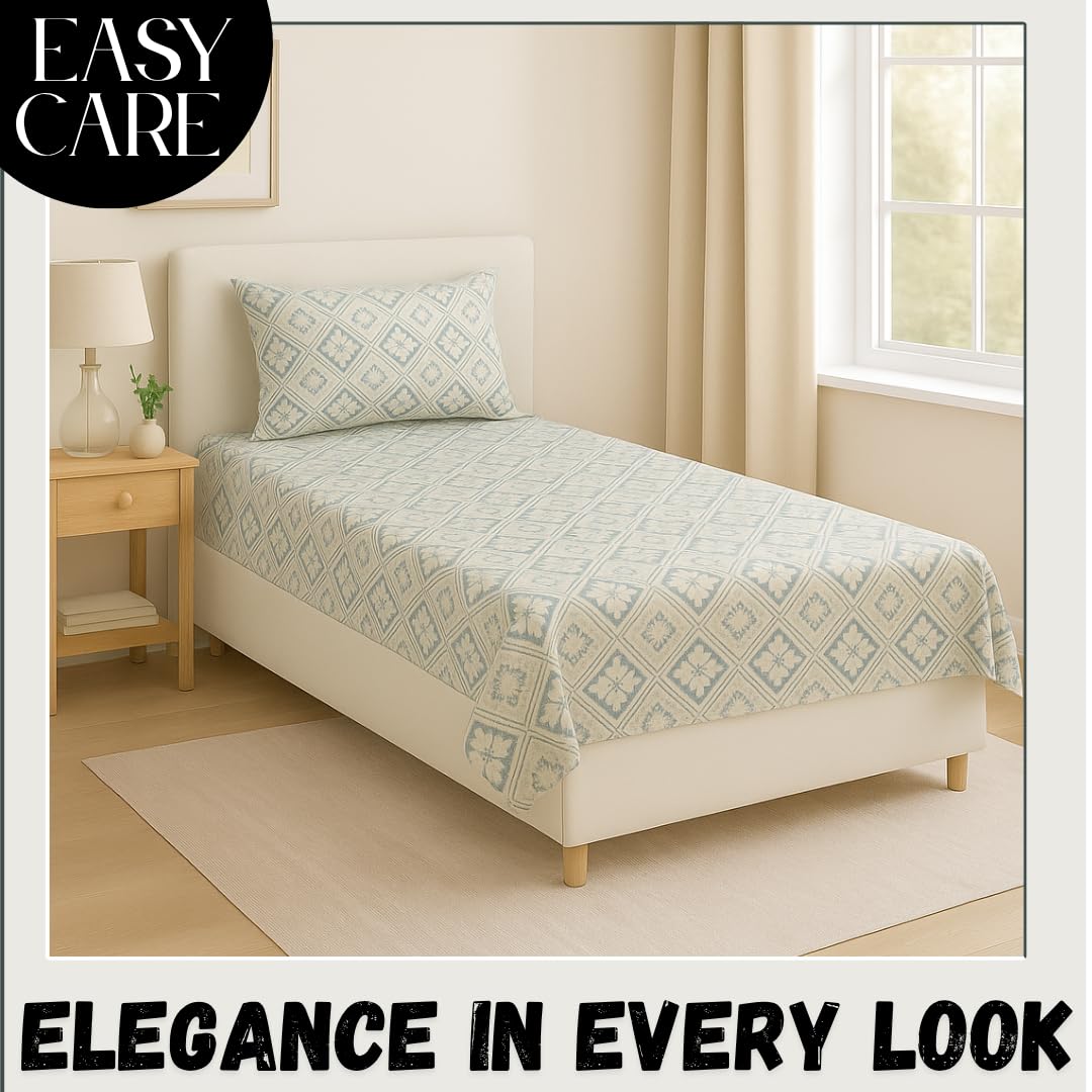 Bedsheet For Single Bed With 1 Pillow Cover - Size 90 X 60 Inches, Grey & White | Soft Touch Cotton Fabric-Comfortable & Durable | Elegant Printed Bedding Set For Daily Use