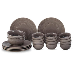 Handcrafted Stoneware Embossed Ceramic Dinner Set Of 20 Pcs With Serving Bowls Set - Ash Grey | 6 Dinner Plates+ 12 Small Dinner Bowls, 180ml Each+ 2 Serving Bowl, 1000ml Each | Serving For 6