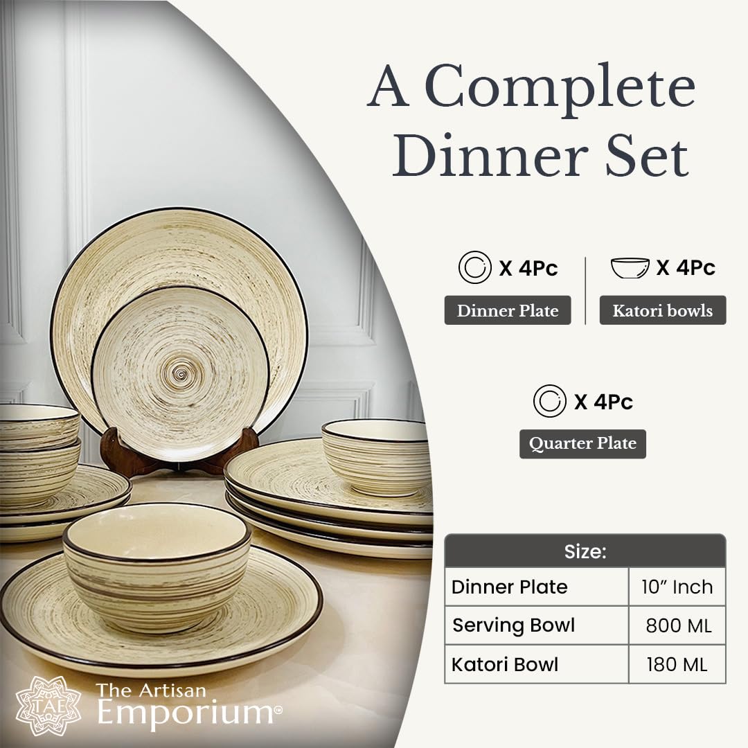 Iris Beige Handcrafted Ceramic Dinner Set - 12 Pieces | 4 Dinner Plates + 4 Katori Bowls, 180ml Each+ 4 Quarter Plates Dinnerware Set | Serving For 4, Microwave Safe & Dishwasher Safe