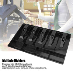 Abs Plastic Cash Tray - 5 Cash, Bills & 4 Coin Compartment Cash Drawer Safe Box, Special Feature - Compact, Colour - Black