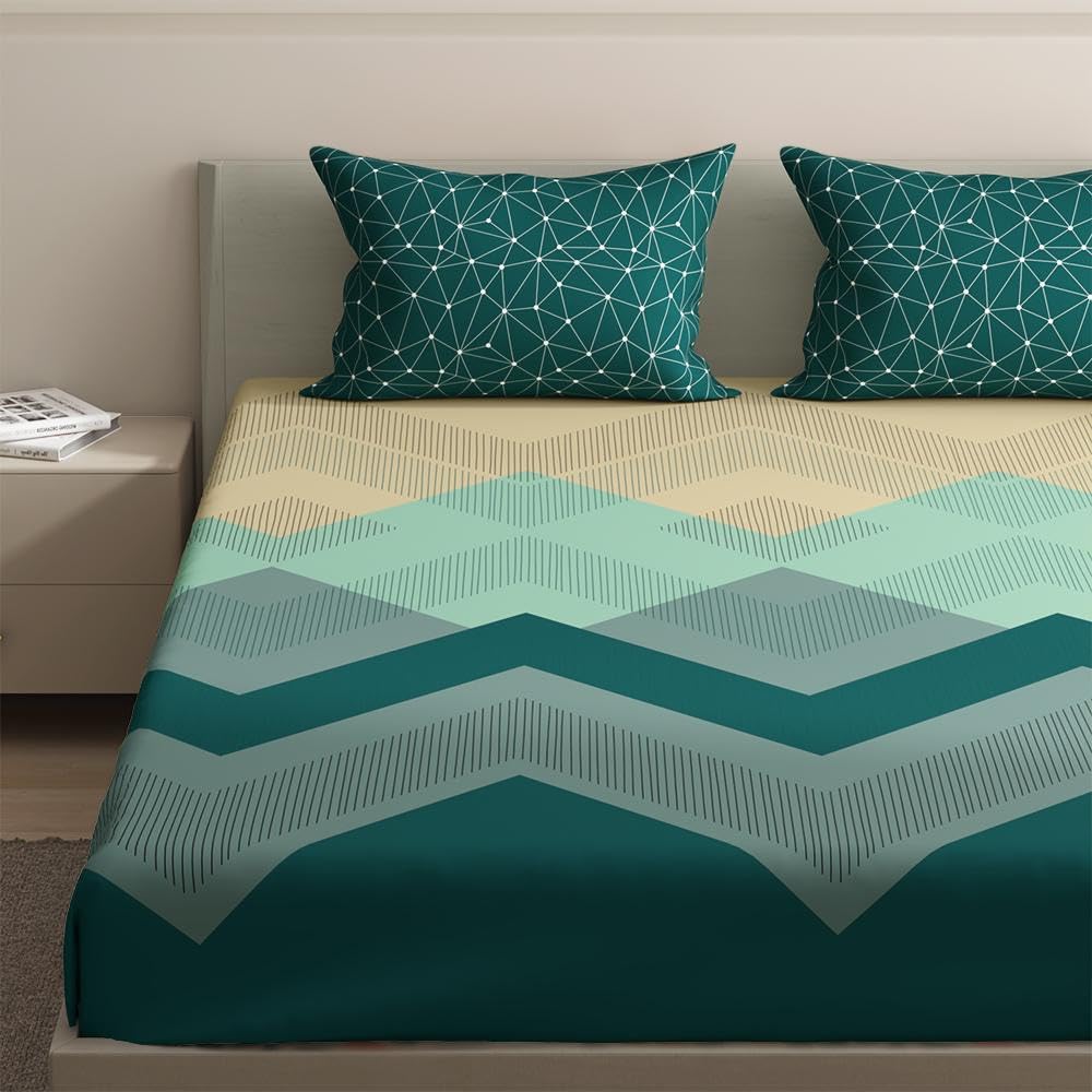 1 Double Bedsheet With 2 Matching Pillow Covers 72 X 48 Inches, Cream & Green | 200 Thread Count Durable & Long Lasting | All Around Elastic Fitted Sheet