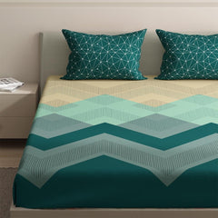 1 Double Bedsheet With 2 Matching Pillow Covers 72 X 48 Inches, Cream & Green | 200 Thread Count Durable & Long Lasting | All Around Elastic Fitted Sheet
