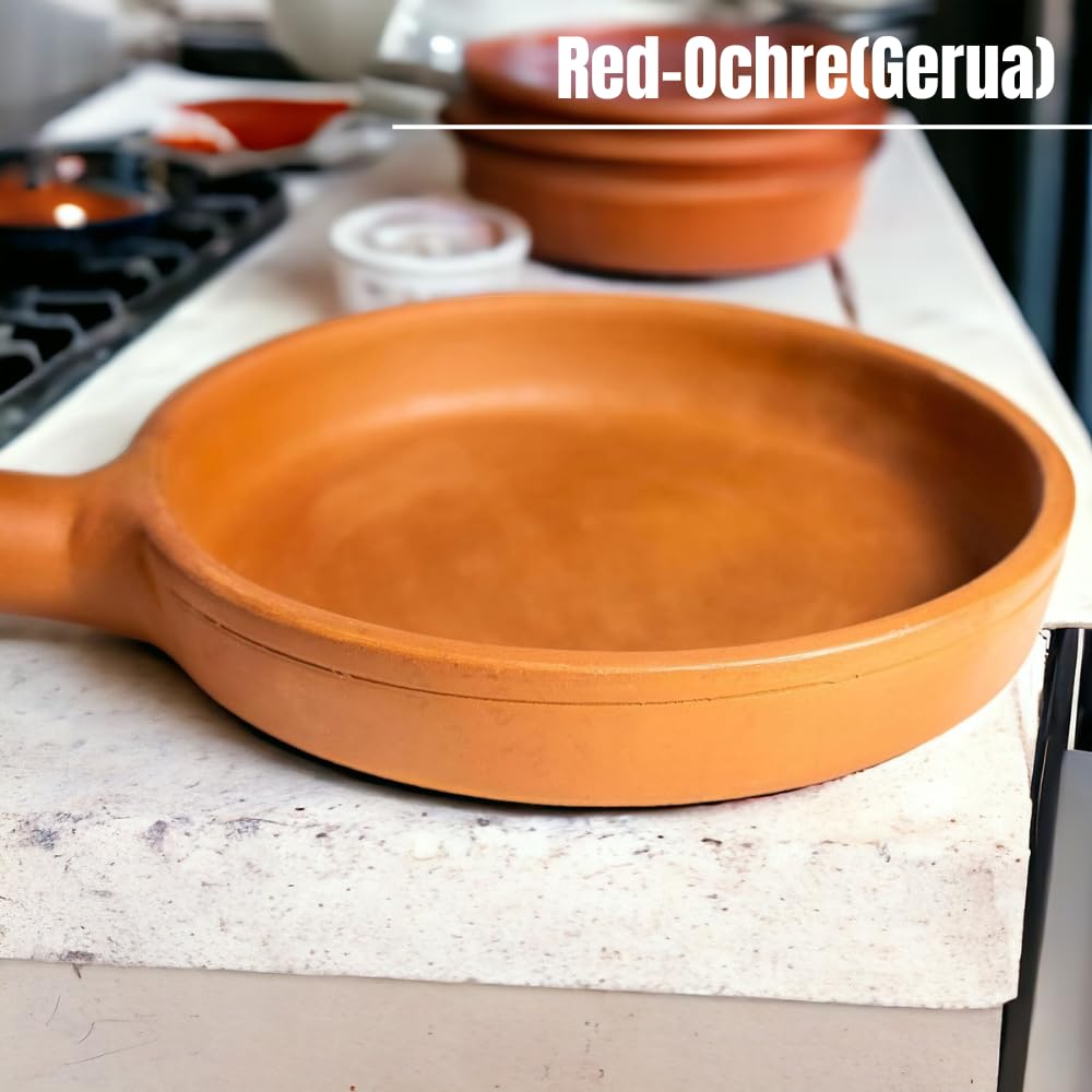 Handmade Unglazed Clay Fry Pan - Eco Friendly Earthen Terracotta Mitti Frying Pan 10 Inches, Red-Ochre (Gerua)