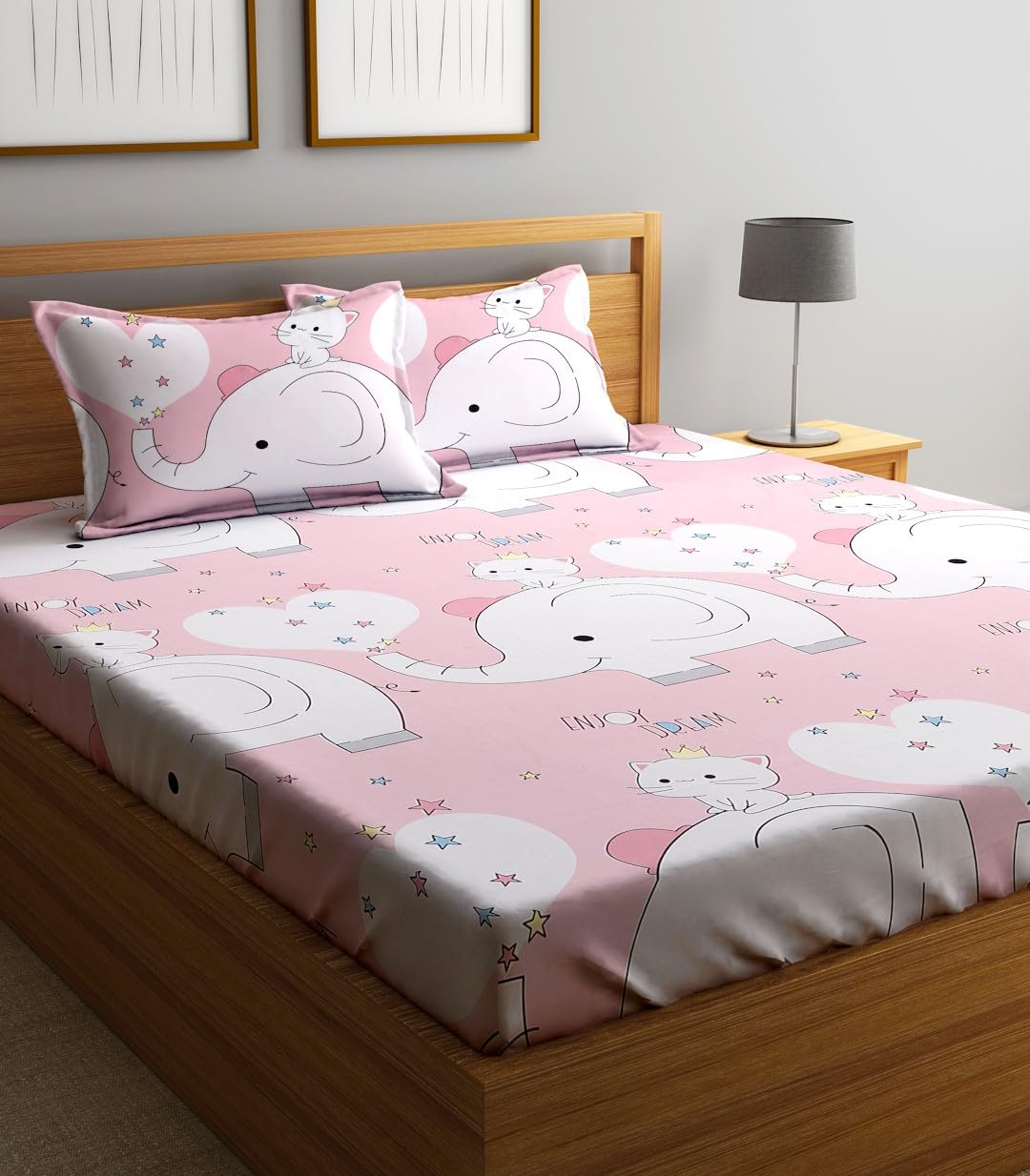 Elastic Fitted Kids Elephant & Kitty Double Bedsheet 2 King Size Pillow Covers, Baby Pink (90x92 Inches) | Lightweight, Soft & Breathable - Perfect For Gifting Bedsheet