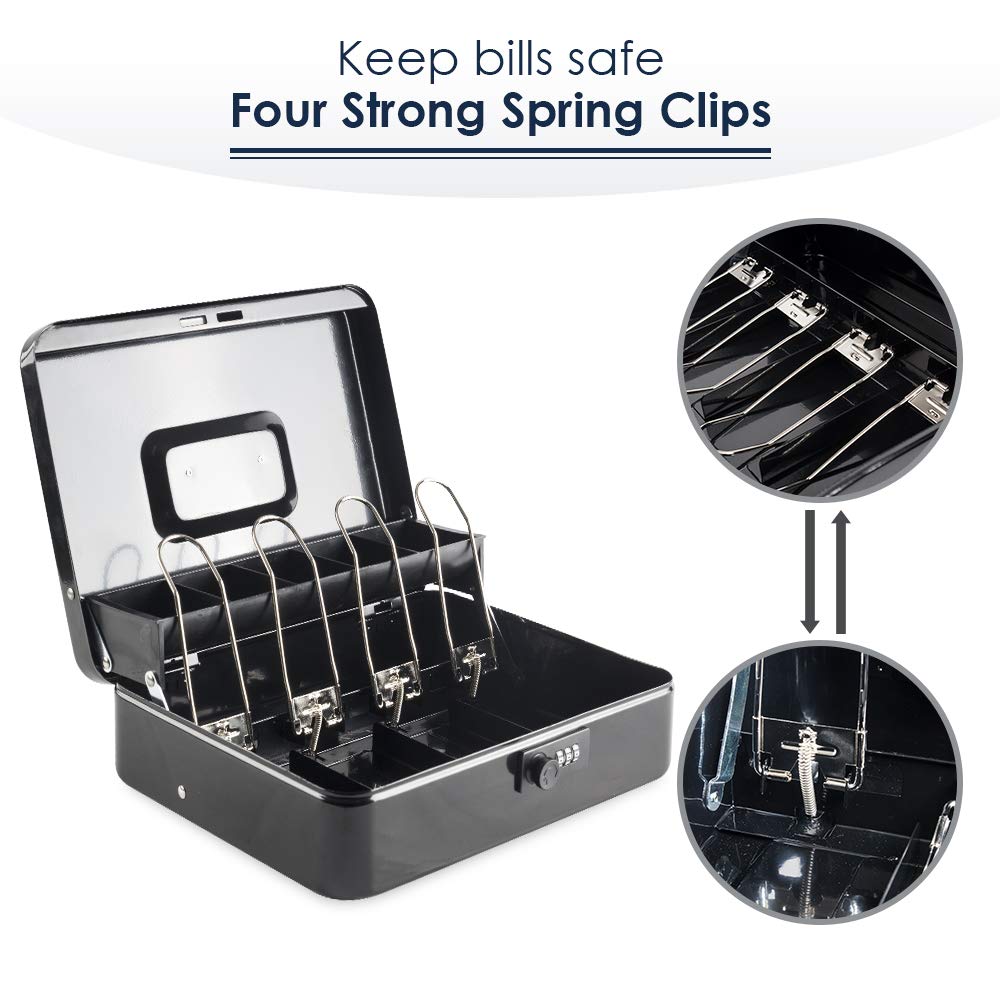 Money Box With Combination Lock, Metal Cash Box With Money Tray, Cash Register,5 Compartments Cantilever Tray & 4 Spring Loaded Clips For Bills,11.81"X 9.45"X 3.54" Colour - Black