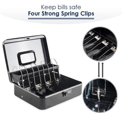 Money Box With Combination Lock, Metal Cash Box With Money Tray, Cash Register,5 Compartments Cantilever Tray & 4 Spring Loaded Clips For Bills,11.81"X 9.45"X 3.54" Colour - Black