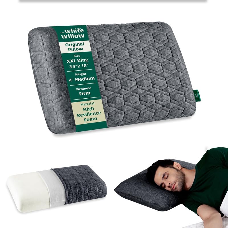 Hard Pillow For Neck & Shoulder Pain Relief, Grey - XXL King Size - 4 Inch | Cervical Big Pillow For Sleeping - Orthopedic Bed Pillow For Back, Side & Stomach Sleepers - Washable Cover