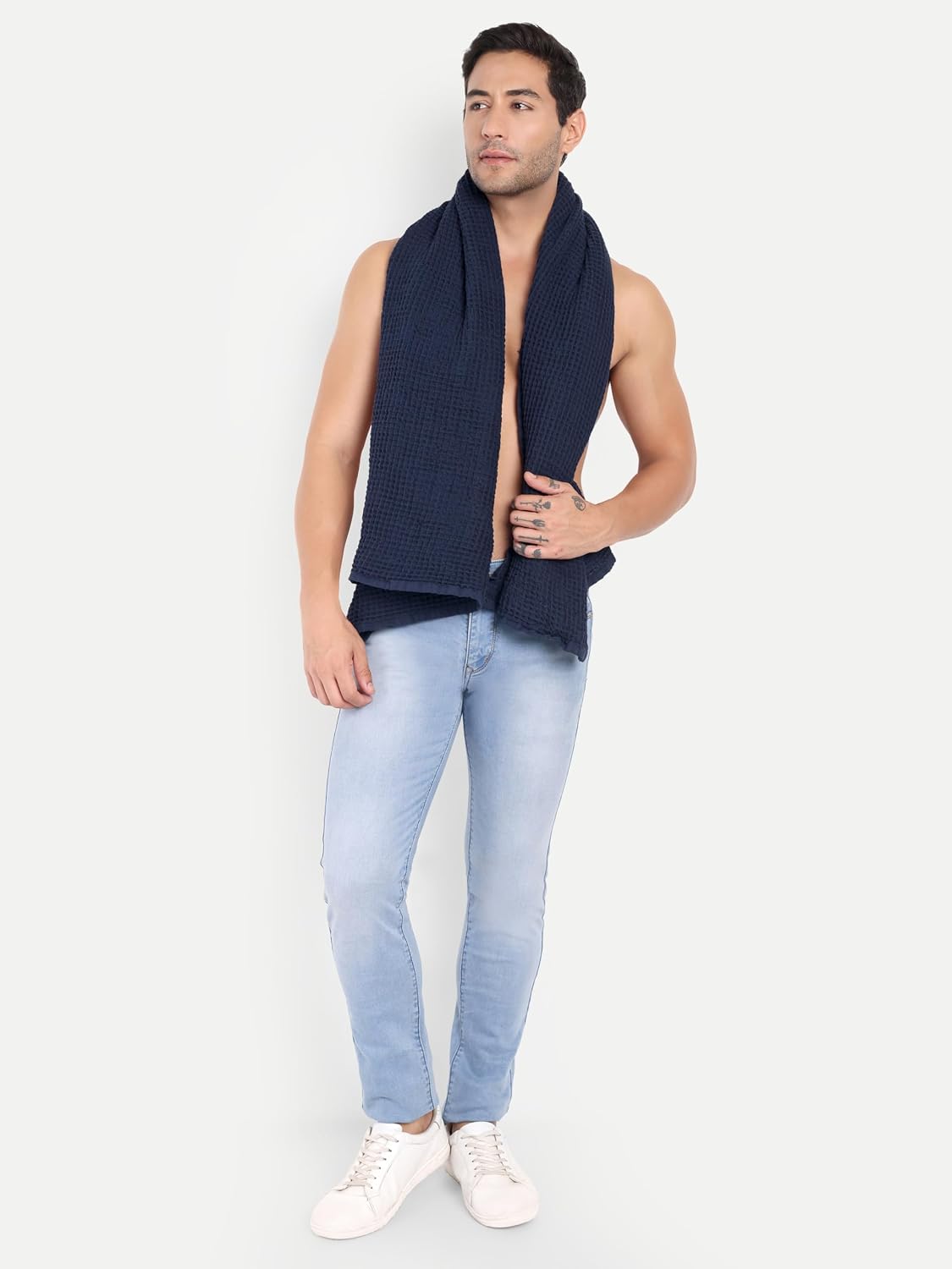Hamelin The Ezra Waffle Weave Bath Towel 280 Gsm | Pure Cotton Lightweight & Water Absorbent | Softer Touch, Quick Dry Towels For Men | Ideal For Travel (Navy Blue)
