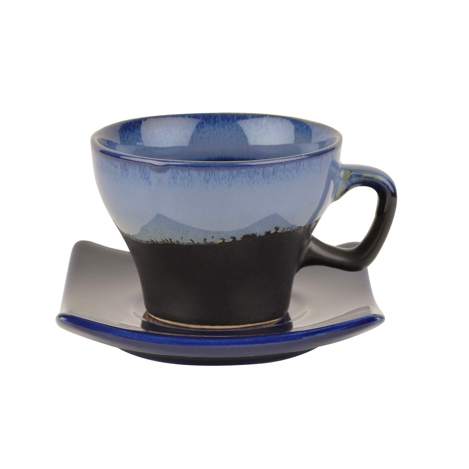 Hand Glazed Dual Tone Ceramic 7 Pieces Morning Set - 1 Tea Pot + 1 Milk Pot + 1 Sugar Pot + 2 Cups With 2 Saucer, Black & Blue
