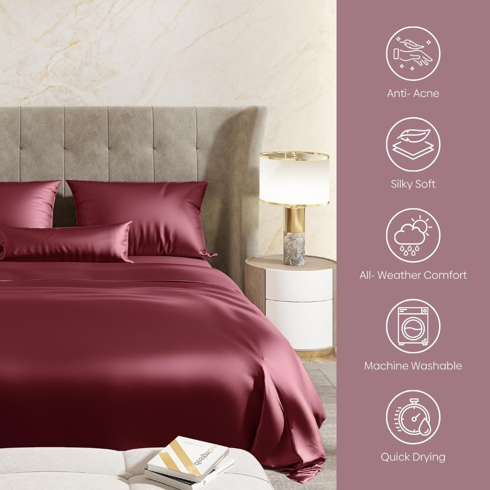 300 TC Premium Double Bedsheet Elastic Fitted For Queen Size | 100 X 90 Inches, Crimson Velvet With 2 Pillow Covers | Skin Friendly Fabric For Everyday Comfort