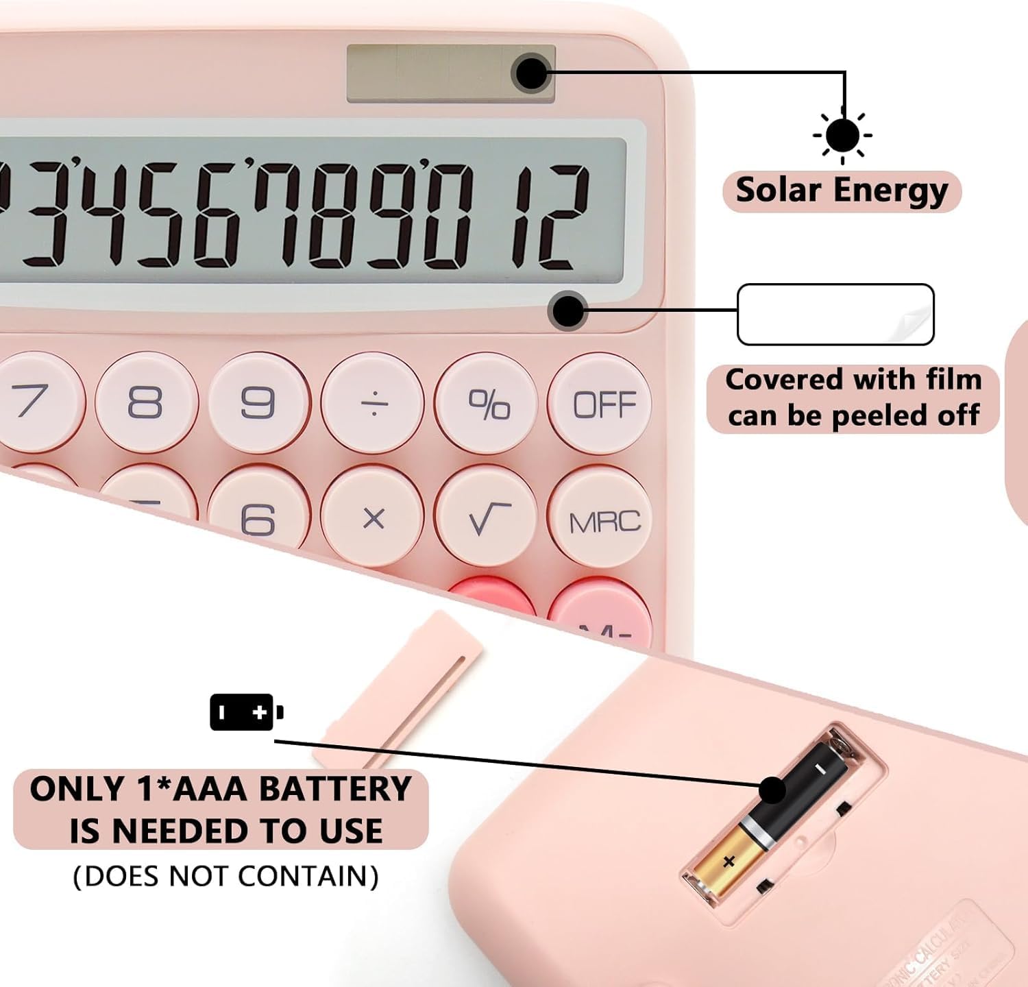 Fycan Calculator Student Cute Calculators Portable Easy Carry Cute Creative School Office Supplies 12 Digit Solar Battery Dual Power With LCD Large Display Calculator Desktop Calculator_1 (Pink)