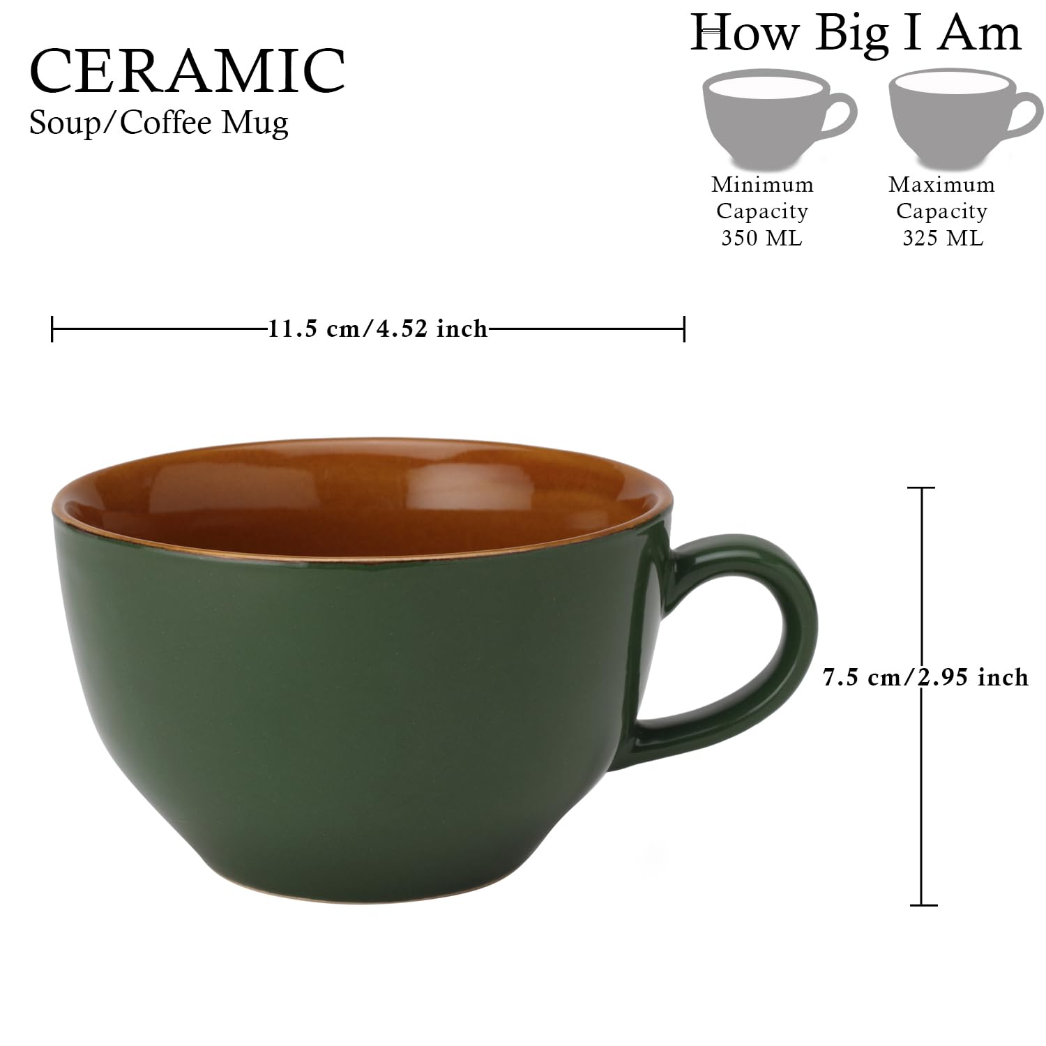 Ceramic Soup & Coffee Wide Large Mug With Handle - Set Of 2, 350ml Each, Green | Bone Ash Free & Microwave Safe - Cup For Maggi, Cappuccino, Latte, Green Tea - Matte Finish