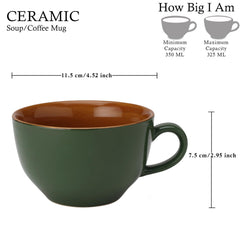 Ceramic Soup & Coffee Wide Large Mug With Handle - Set Of 2, 350ml Each, Green | Bone Ash Free & Microwave Safe - Cup For Maggi, Cappuccino, Latte, Green Tea - Matte Finish