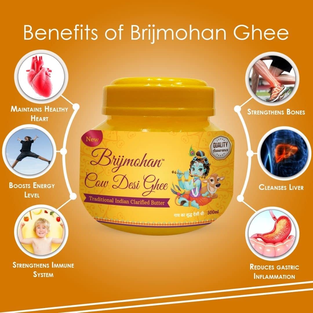 100% Natural Cow Desi Ghee By Brijmohan | Naturally & Healthy Pure Desi Ghee For Improves Digestion | 1 Litre (500ml * 2) 33.8 Ounce | Jar Pack