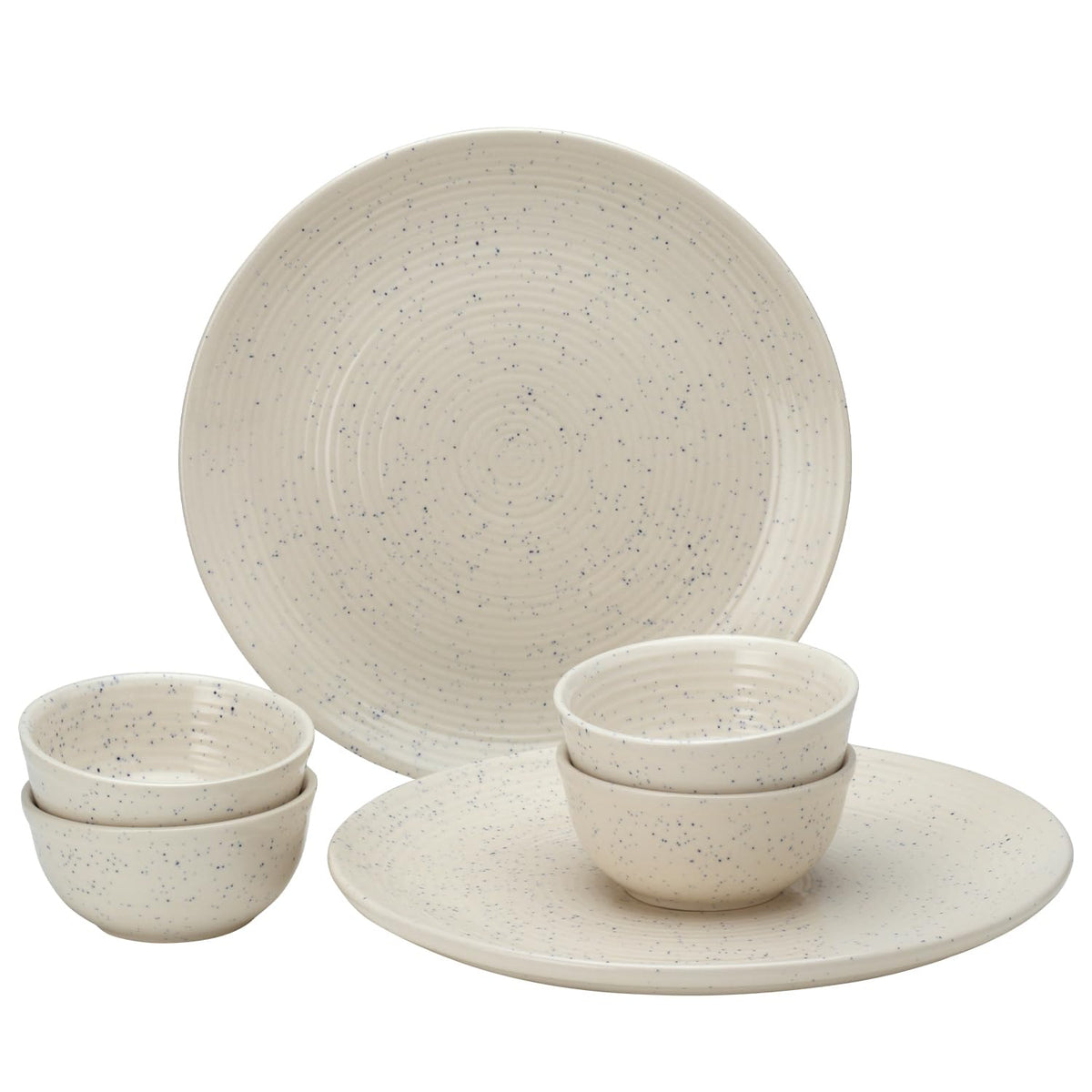 Hand Painted Ceramic Stoneware Dinner Set - Pack Of 6 Pcs, Ivory White | 2 Dinner Plates, 10.6 Inch Each + 4 Salad Bowl, 180ml Each - Microwave & Dishwasher Safe | Crockery Set For Dining & Gifting