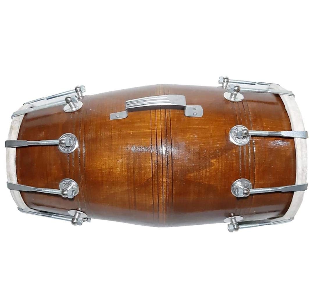 Handmade Mango Wood Dholak - Brown | Perfectly Symmetric Round Dholak - Dholak For Festival, Wedding, Satsang | Beautiful Nut & Bold Fitting Shiny Brown Goat Skin On Both Side