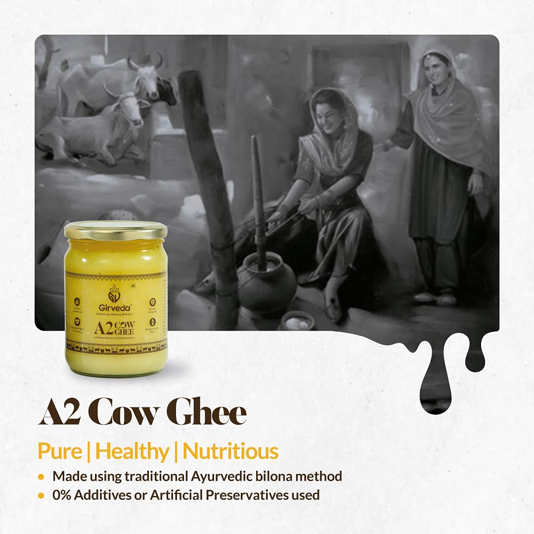 Natural A2 Cow Ghee By Girveda | Natural & Healthy Gir Cow Cultured Desi Ghee Perfect For Frying | (500ml) 16.9 Ounce | Jar Pack