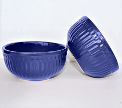 Ceramic “Strip” Handcrafted Multipurpose Serving Bowl Katoris Set Of 2 - 450ml Each, Royal Blue | Cereal Bowl, Soup Bowl, Salad Bowl - Dishwasher & Microwave Safe