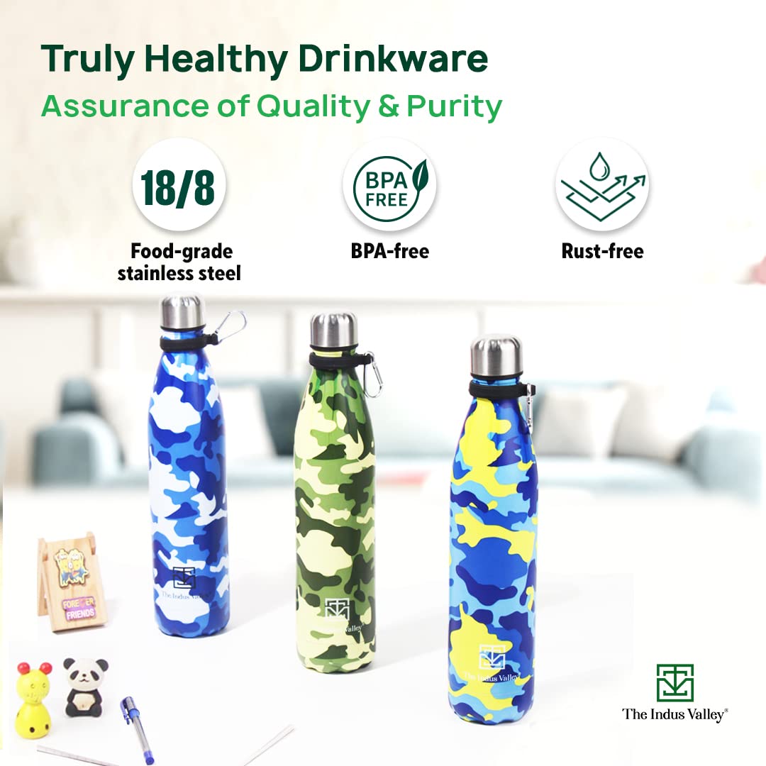 Vacuum Insulated Stainless Steel Cola Bottle For School, College, Office | Yellow & Blue, 1 Liter - Double Walled Vacuum, Hot & Cold Temperature, Leak Proof, BPA-Free