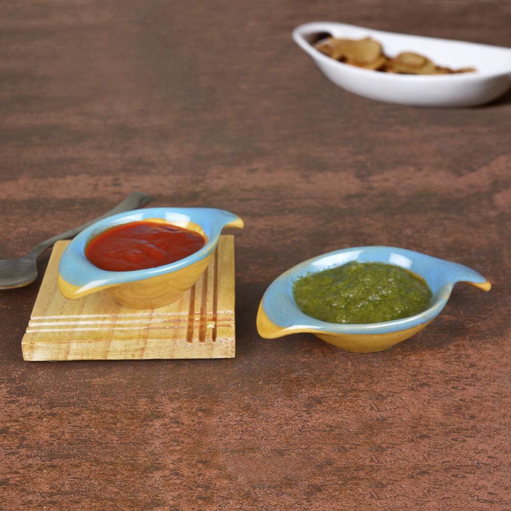 Studio Pottery Ceramic Dip Bowls Set Of 2 - 20ml Each, Mustard Yellow | Chutney Bowls - Ketchup Bowls