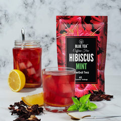 Blue Tea Caffeine Free Hibiscus Mint Herbal Tea - 60 Pyramid Tea Bags | Skin Glow Enhancing Tea - Gluten Free, Non GMO | Plant Based Tangy Taste - Zip Lock Pouch