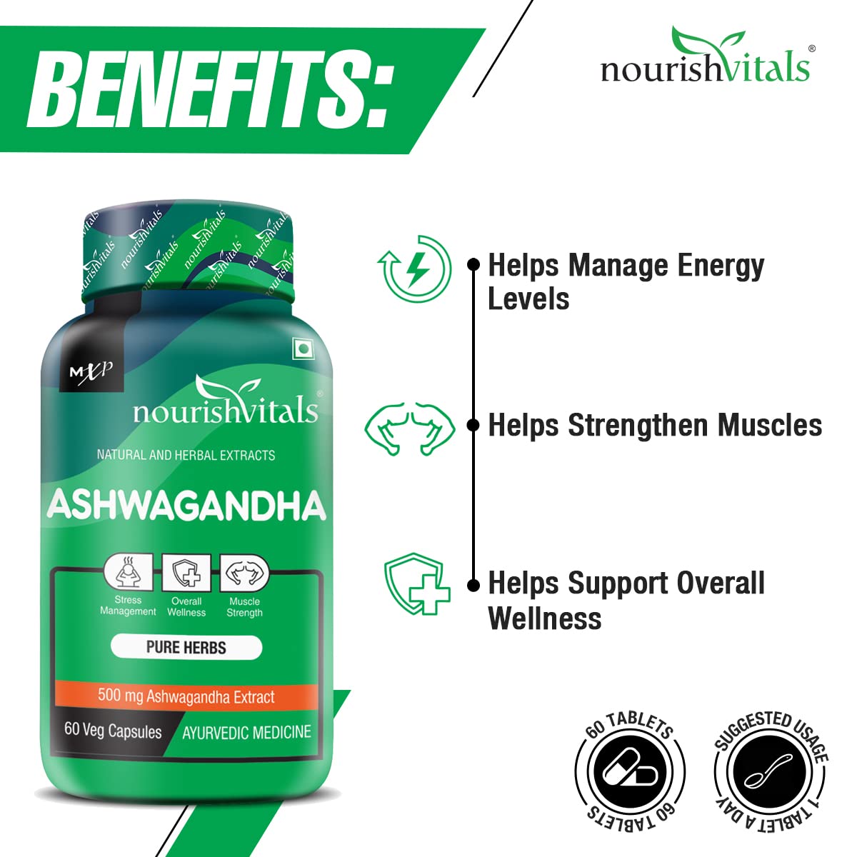 Nourishvitals Ashwagandha Pure Herbs, 500mg Ashwagandha Extract, Boosts Overall Wellness & Supports Enhanced Muscle Strength | 60 Veg Capsules 100gm 0.2lbs Each Pack Of 3