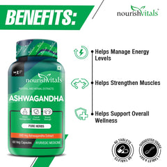 Nourishvitals Ashwagandha Pure Herbs, 500mg Ashwagandha Extract, Boosts Overall Wellness & Supports Enhanced Muscle Strength | 60 Veg Capsules 100gm 0.2lbs Each Pack Of 3