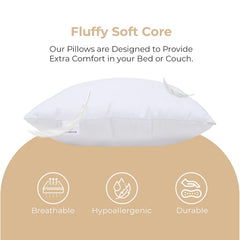 Microfiber Square Soft Pillow Cushion For Sofa & Bed, White - 16 X 16 Inch | Fluffy For Comfort & Back Support | Hypoallergenic, Washable | Premium Velvet Outer Cover With Zip - Pack Of 5