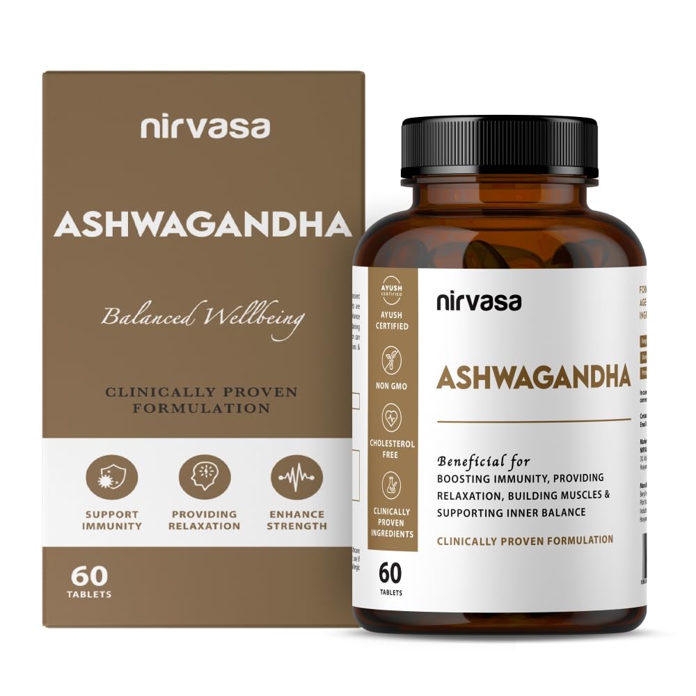 Nirvasa Ashwagandha Tablets For Men & Women 500mg With Natural Ashwagandha Extract For Immunity, General Wellness & Improves Muscles Strength | 60 Tablets 100gm 0.2lbs