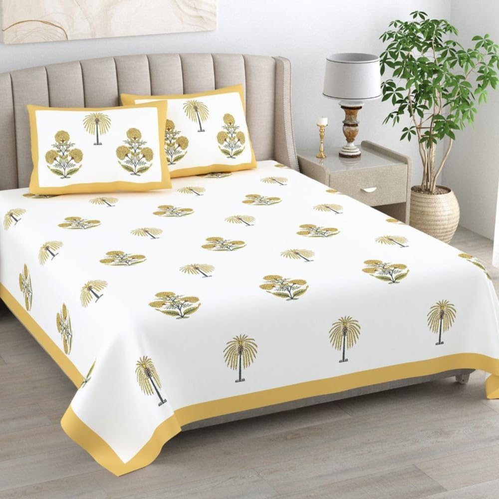 Jaipuri Cotton Double Bedsheet For Queen Size With 2 Pillow Cover (95 X 108 Inches) Yellow & White | Premium Cotton Material - Ideal For House, Hotel, Guest House
