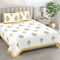 Jaipuri Cotton Double Bedsheet For Queen Size With 2 Pillow Cover (95 X 108 Inches) Yellow & White | Premium Cotton Material - Ideal For House, Hotel, Guest House