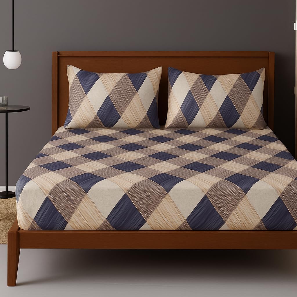 1 Bedsheet For Double Bed With 2 Pillow Covers - 90 X 100 Inches, Beige & Grey | Premium Cotton Material Double Bedsheet Queen Size | Skin Friendly & Long Lasting