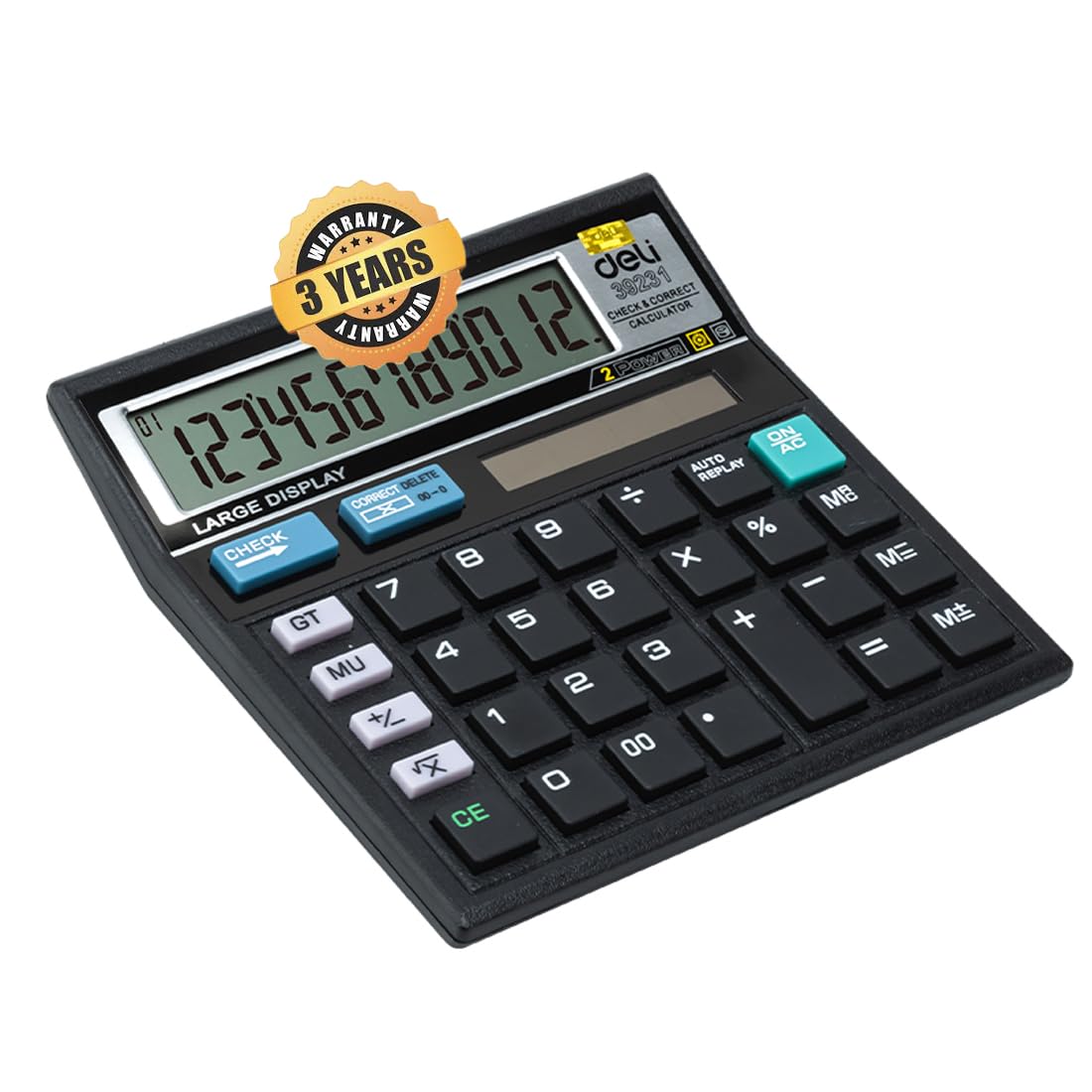 Deli W39231b Calculator 12 - Digit Display For Clear | 3 Years Warranty | With Steps Check And Correct Function - Black